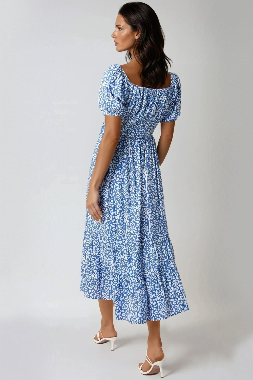 Blue Animal Print Shirred Midi Dress