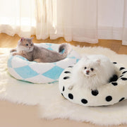 MEWOOFUN Donut Cat Bed For Indoor Cats - Round Washable Plush Pet Bed With Jacquard Shaggy Fabric & Non-Slip Bottom, Calming Small Dog Bed For Puppy & Kitten, 23 Inch Blue Check