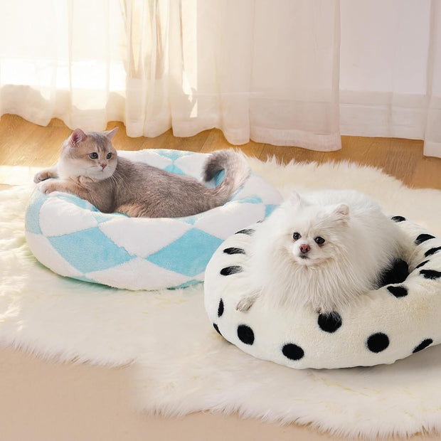 MEWOOFUN Donut Cat Bed For Indoor Cats - Round Washable Plush Pet Bed With Jacquard Shaggy Fabric & Non-Slip Bottom, Calming Small Dog Bed For Puppy & Kitten, 23 Inch Blue Check