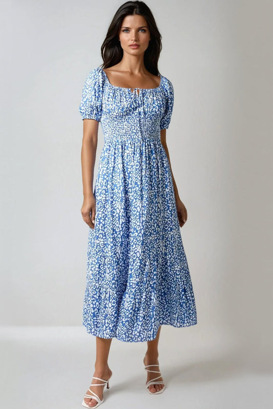 Blue Animal Print Shirred Midi Dress