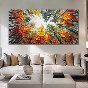 Modern Brich Treescape Landscape Canvas Artwork Handpainted Orange Forest Thick Oil Painting Natural Home Wall Decor