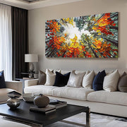 Modern Brich Treescape Landscape Canvas Artwork Handpainted Orange Forest Thick Oil Painting Natural Home Wall Decor